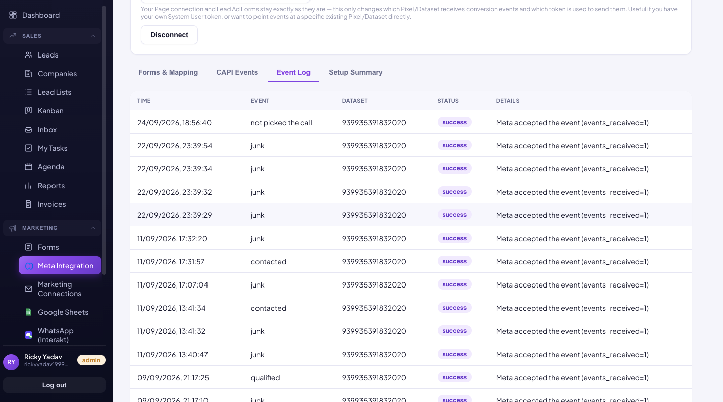 HemLead's Event Log tab showing a chronological list of CAPI events sent to Meta, each marked success with the details Meta accepted the event