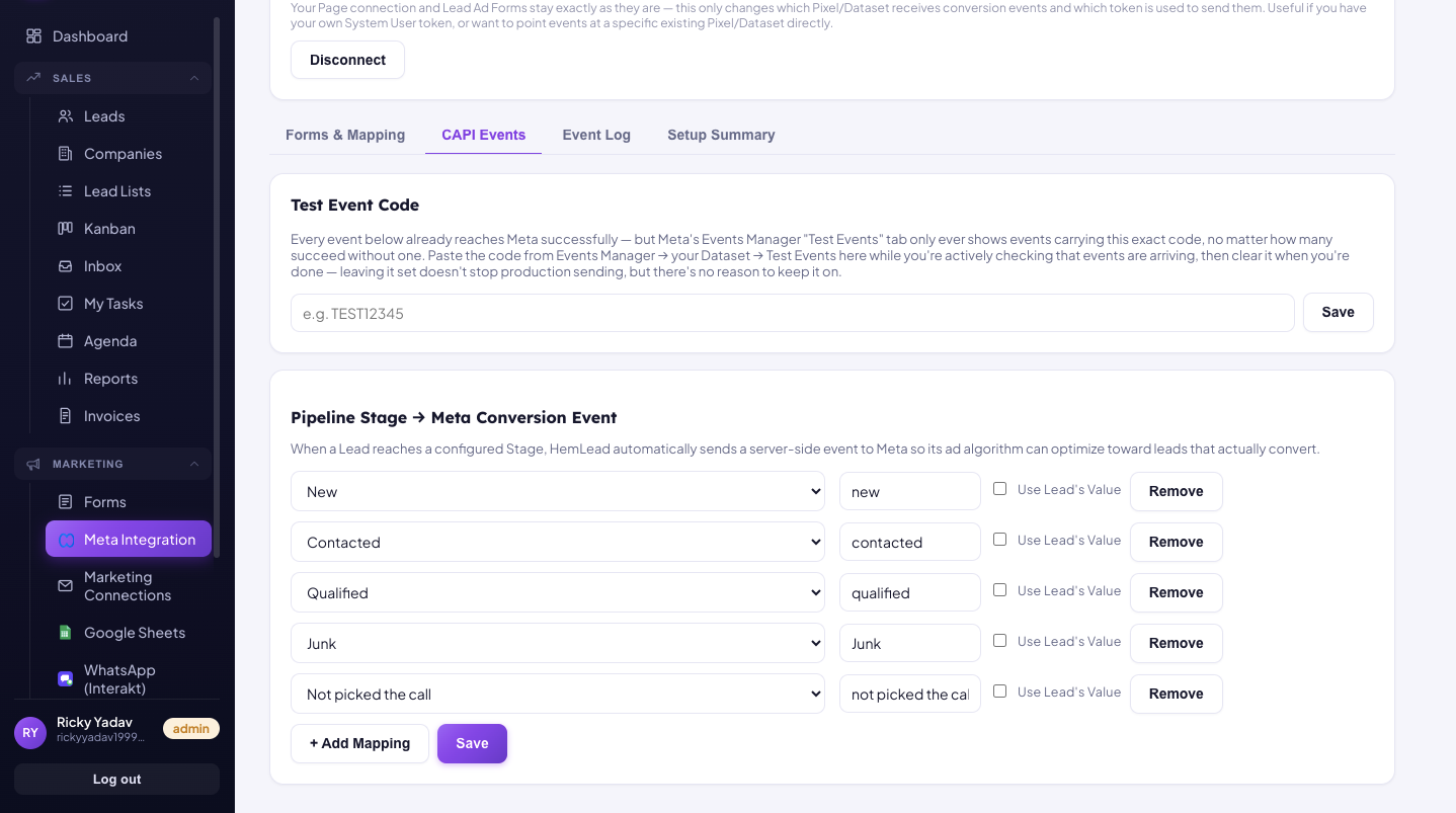 HemLead CAPI Events tab where each pipeline stage is set to send a conversion event to Facebook