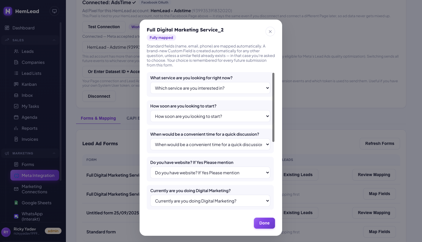 HemLead Map Fields window matching each Facebook Lead Ad form question to a HemLead field