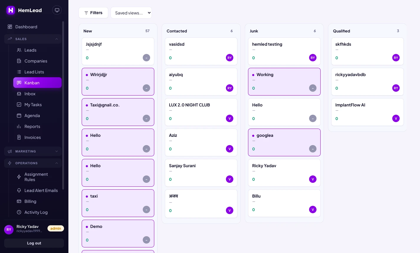HemLead Kanban board with leads arranged in stage columns, each showing a count at the top