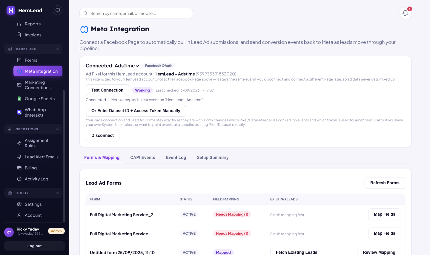 HemLead Meta Integration page showing a connected Page, Test Connection marked Working, and the Lead Ad Forms table on the Forms & Mapping tab