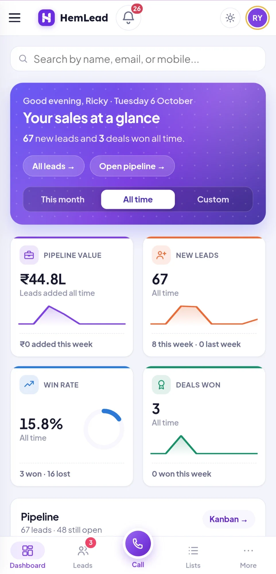 HemLead mobile dashboard showing pipeline value, new leads, win rate and deals won